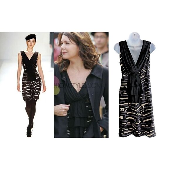 Vtg Y2K Lorelai Gilmore TEMPERLEY LONDON Black Stripe Sleeveless Mini Dress Sz 8 - Picture 1 of 10